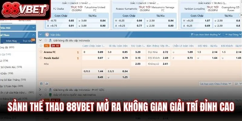 Sảnh thể thao 88VBET mở ra không gian giải trí đỉnh cao
